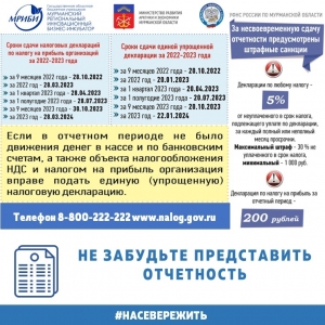 Управление Федеральной налоговой службы по Мурманской области напоминает о сроках представления налоговых деклараций а 2022-2023 годах.